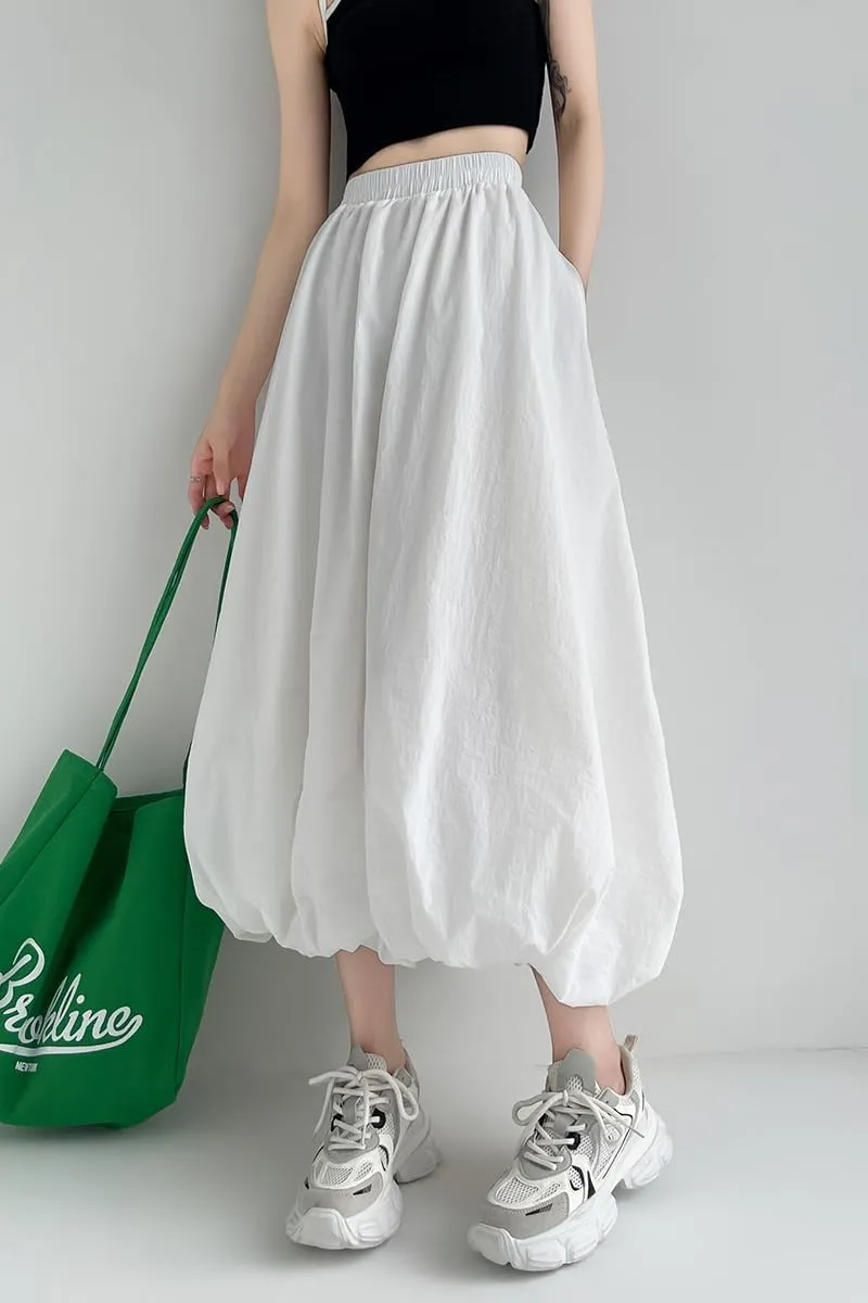 chouyatou Women's Casual Elastic Waist Y2k Bubble Skirt Puffy Pleated Balloon Midi Long Skirt with Pockets