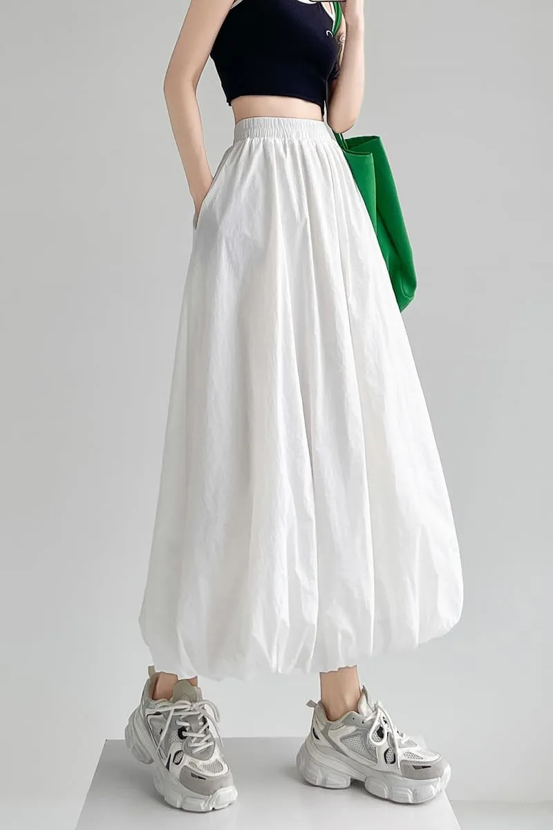 chouyatou Women's Casual Elastic Waist Y2k Bubble Skirt Puffy Pleated Balloon Midi Long Skirt with Pockets