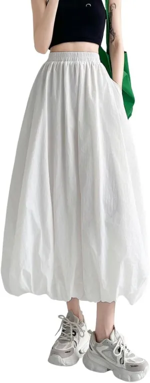 chouyatou Women's Casual Elastic Waist Y2k Bubble Skirt Puffy Pleated Balloon Midi Long Skirt with Pockets