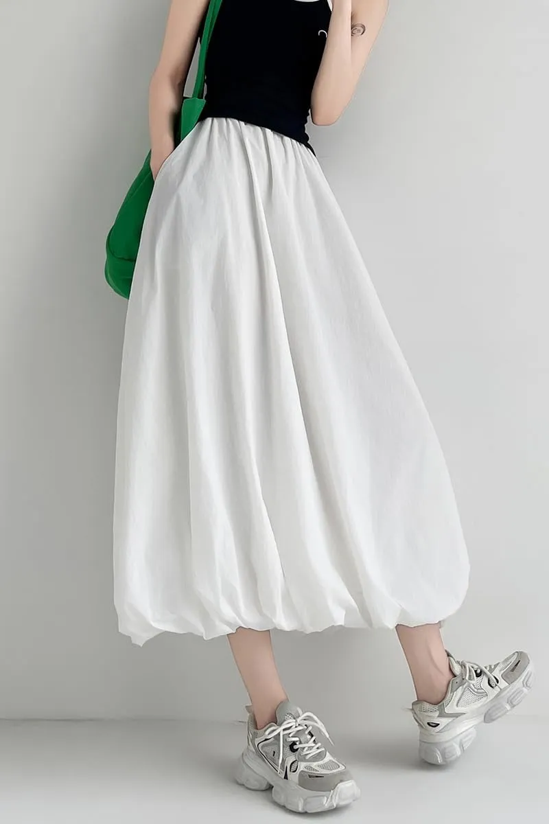 chouyatou Women's Casual Elastic Waist Y2k Bubble Skirt Puffy Pleated Balloon Midi Long Skirt with Pockets
