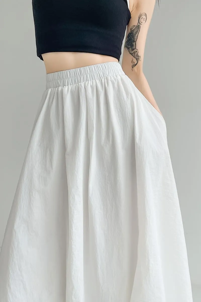 chouyatou Women's Casual Elastic Waist Y2k Bubble Skirt Puffy Pleated Balloon Midi Long Skirt with Pockets