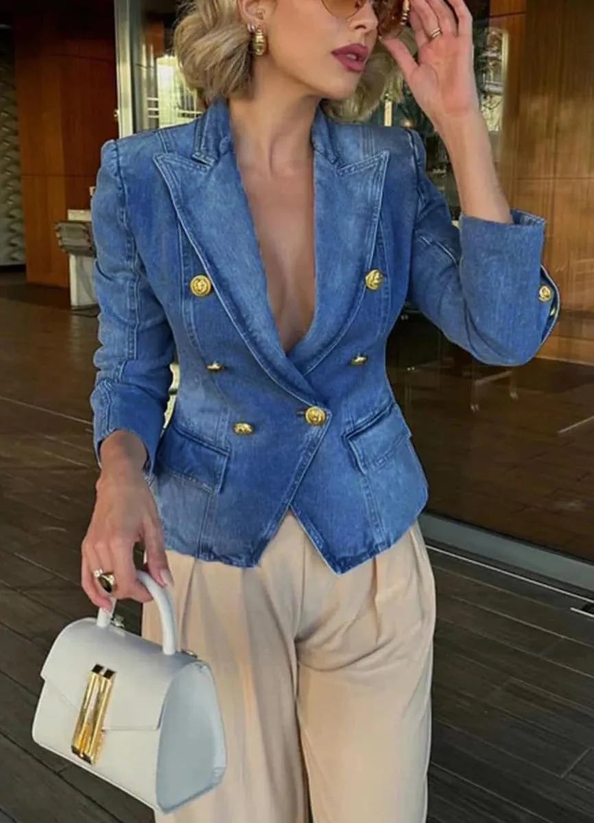 chouyatou Women's Fall Casual Notch Lapel Denim Blazer Suit Button Down Business Office Slim Fit Jean Jacket