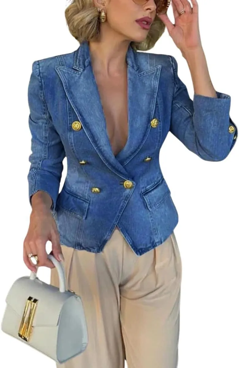 chouyatou Women's Fall Casual Notch Lapel Denim Blazer Suit Button Down Business Office Slim Fit Jean Jacket