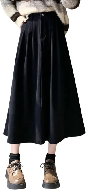 chouyatou Women's Vintage Corduroy A Line Skirt High Elastic Waist Pleated Swing Midi Long Skirt with Pockets