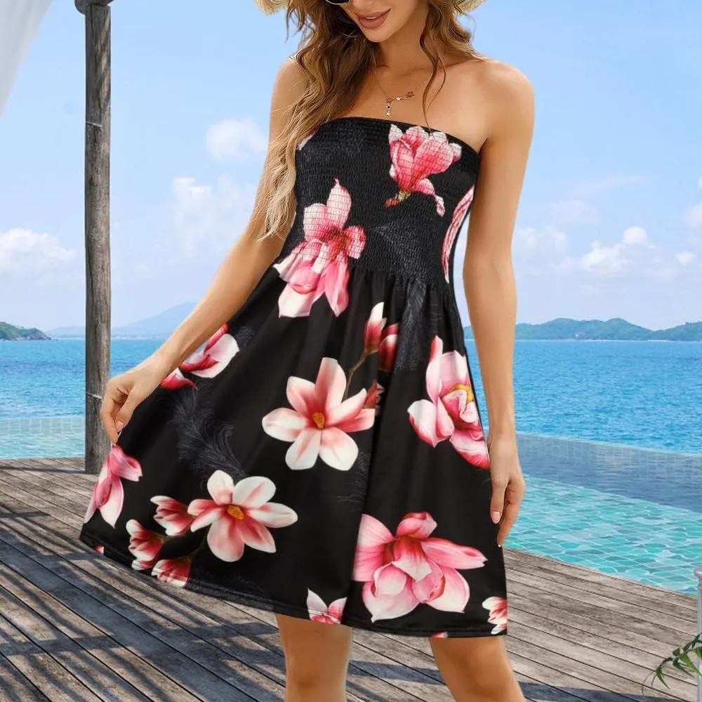 Comeon Women Off Shoulder Strapless Sleeveless Tube Top Dress Floral Summer Beach Coverup Flowy Midi Dress
