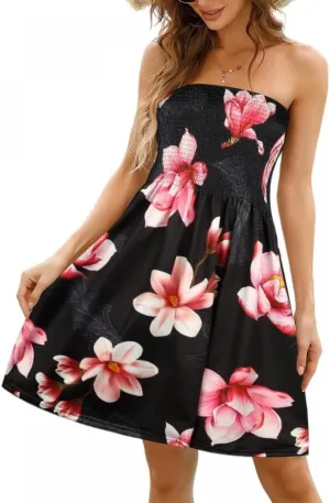 Comeon Women Off Shoulder Strapless Sleeveless Tube Top Dress Floral Summer Beach Coverup Flowy Midi Dress