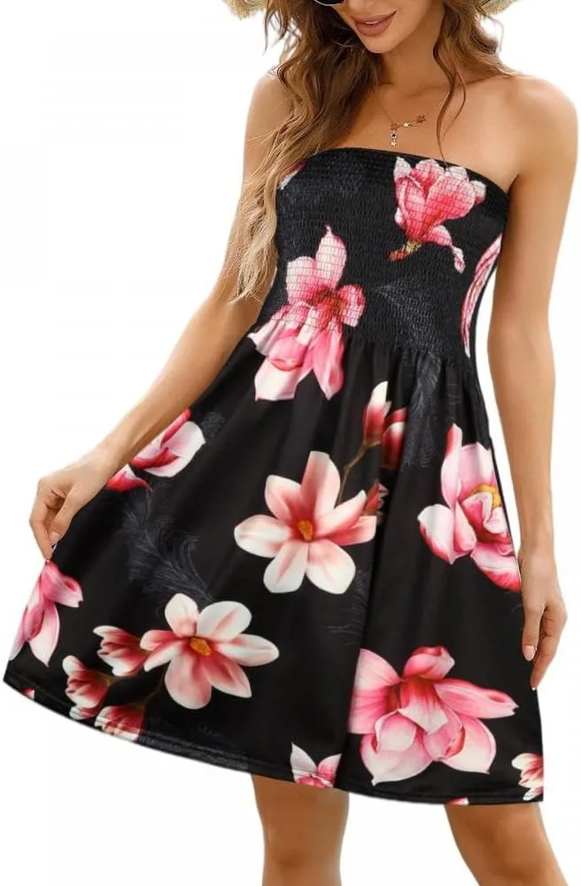 Comeon Women Off Shoulder Strapless Sleeveless Tube Top Dress Floral Summer Beach Coverup Flowy Midi Dress