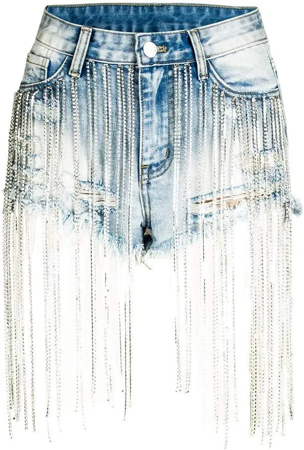 COMLIFE Summer Women's Jean Shorts Tassels Wide Leg Rhinestone Fringe Sexy Denim Short Jeans