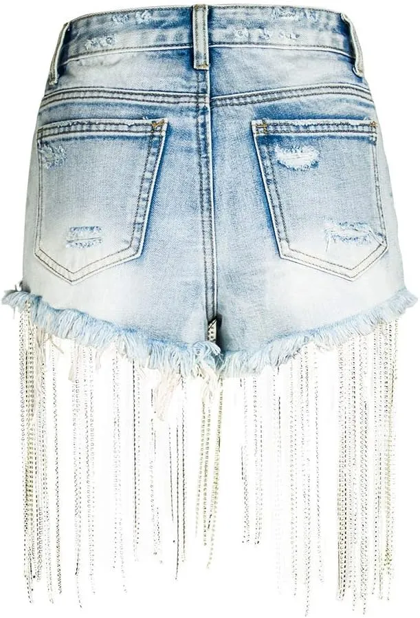 COMLIFE Summer Women's Jean Shorts Tassels Wide Leg Rhinestone Fringe Sexy Denim Short Jeans