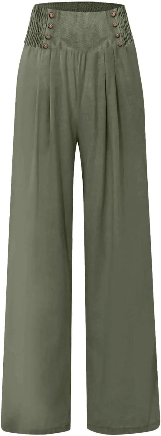 cooki Women Linen Palazzo Pants Summer Casual Elastic High Waist Wide Leg Long Cotton Beach Lounge Pants Trousers Loose Fit