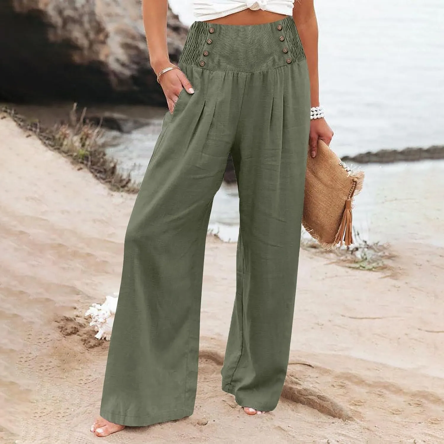 cooki Women Linen Palazzo Pants Summer Casual Elastic High Waist Wide Leg Long Cotton Beach Lounge Pants Trousers Loose Fit