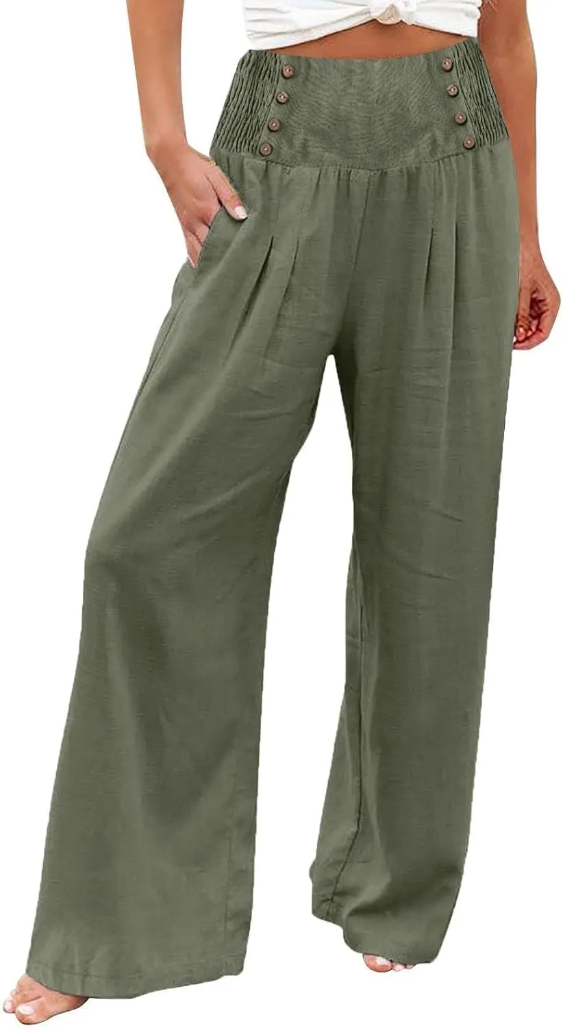 cooki Women Linen Palazzo Pants Summer Casual Elastic High Waist Wide Leg Long Cotton Beach Lounge Pants Trousers Loose Fit