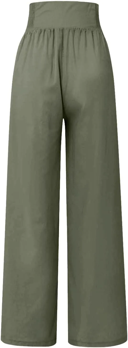cooki Women Linen Palazzo Pants Summer Casual Elastic High Waist Wide Leg Long Cotton Beach Lounge Pants Trousers Loose Fit