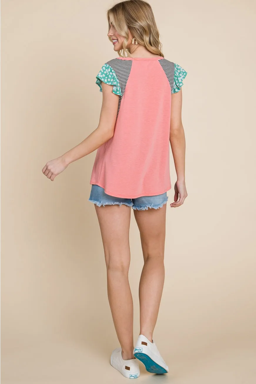 Coral Mixed Print Top