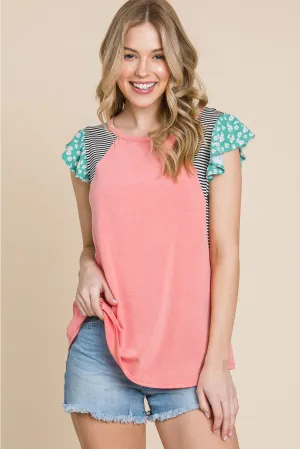 Coral Mixed Print Top