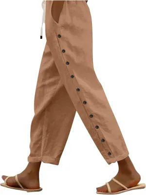 Cotton Linen Capri Pants for Women Boho Clothes Casual Summer Baggy Elastic Waisted Trousers Wide Leg Cropped Pants