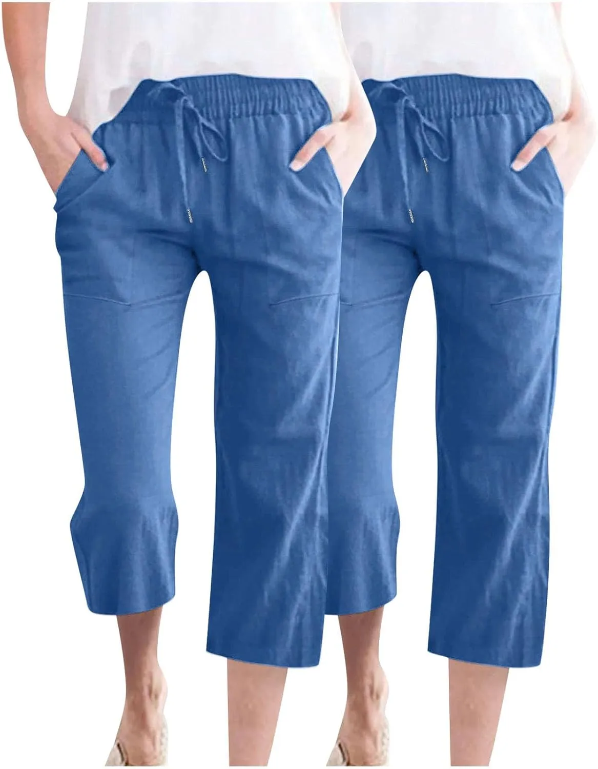 Cotton Linen Capri Pants for Women Fall Casual Capris Drawstring Elastic High Waist Pant Leg Cropped Trouser 2 Pack