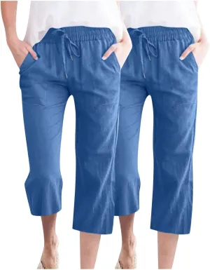 Cotton Linen Capri Pants for Women Fall Casual Capris Drawstring Elastic High Waist Pant Leg Cropped Trouser 2 Pack