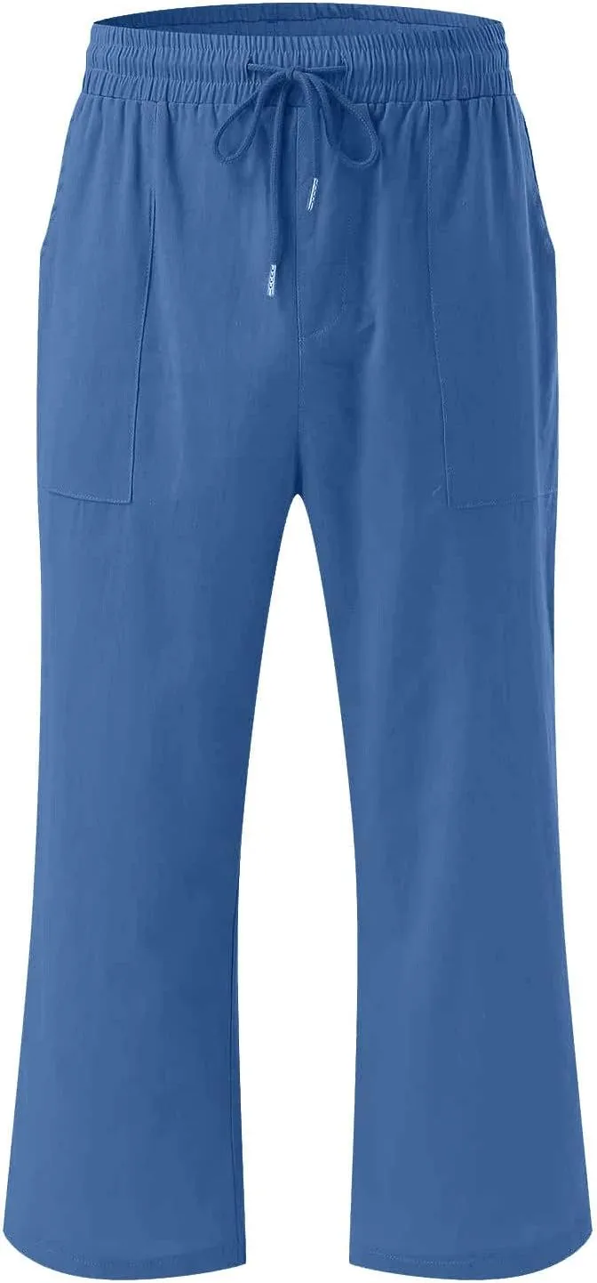 Cotton Linen Capri Pants for Women Fall Casual Capris Drawstring Elastic High Waist Pant Leg Cropped Trouser 2 Pack