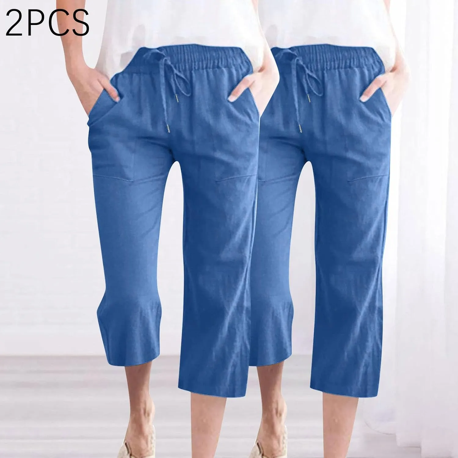 Cotton Linen Capri Pants for Women Fall Casual Capris Drawstring Elastic High Waist Pant Leg Cropped Trouser 2 Pack