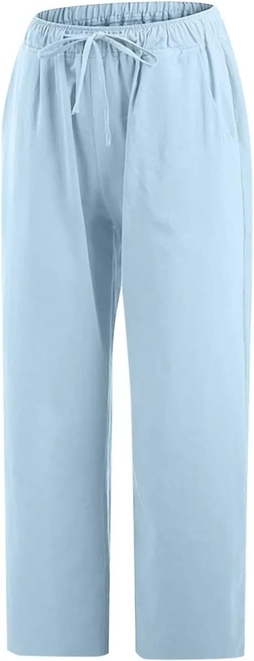 Cotton Linen Pants for Women 2025 Wide Leg Cropped Pant Drawstring Elastic Waist Lounge Trousers Summer Beach Outfits