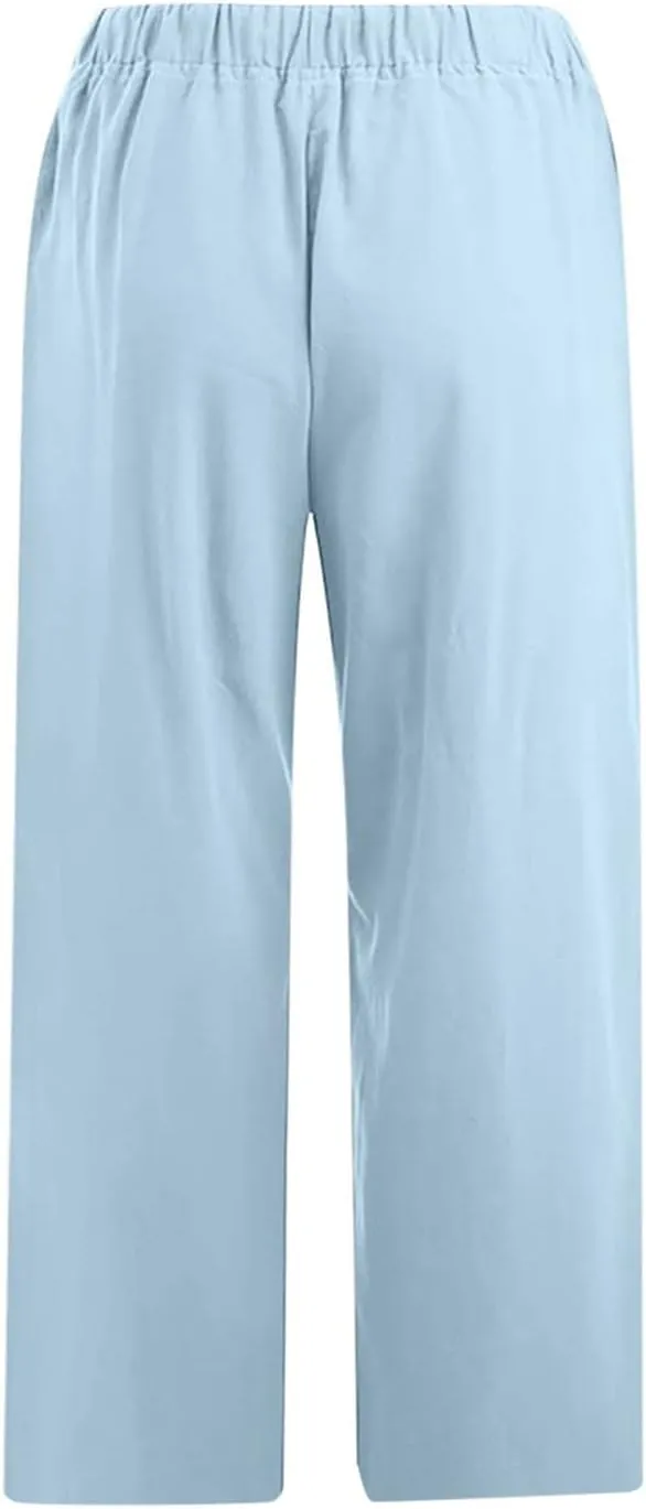 Cotton Linen Pants for Women 2025 Wide Leg Cropped Pant Drawstring Elastic Waist Lounge Trousers Summer Beach Outfits