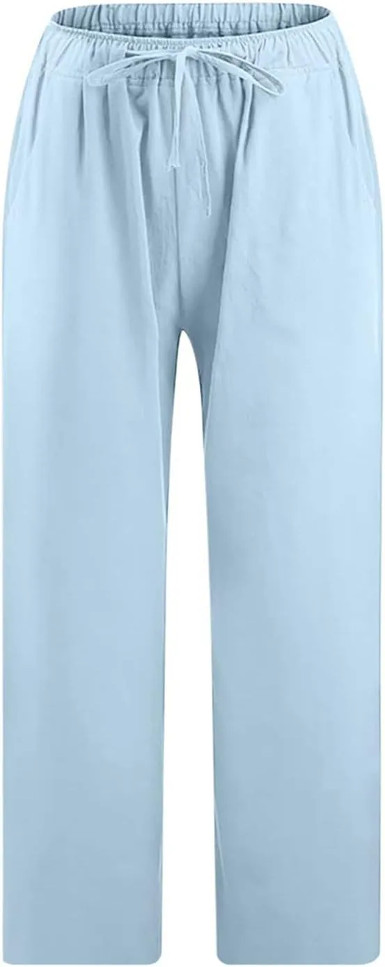 Cotton Linen Pants for Women 2025 Wide Leg Cropped Pant Drawstring Elastic Waist Lounge Trousers Summer Beach Outfits