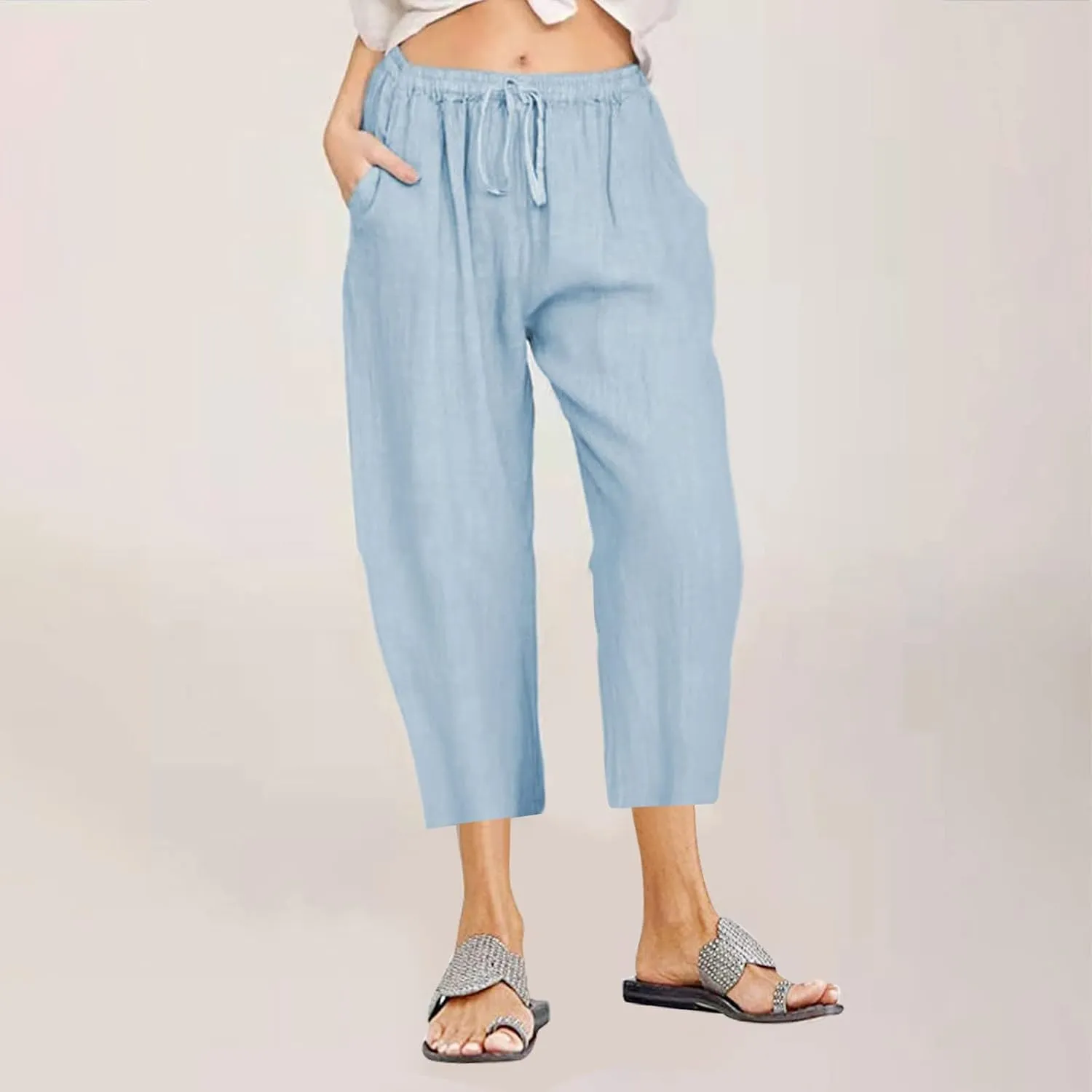 Cotton Linen Pants for Women 2025 Wide Leg Cropped Pant Drawstring Elastic Waist Lounge Trousers Summer Beach Outfits