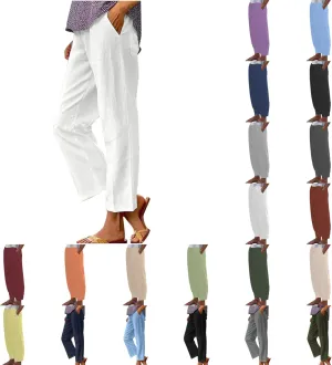 Cotton Linen Pants for Women Drawstring Elastic Waist Straight Leg Trousers Casual Spring and Summer Beach Pant