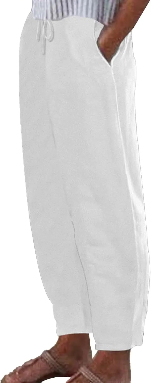 Cotton Linen Pants for Women Drawstring Elastic Waist Straight Leg Trousers Casual Spring and Summer Beach Pant