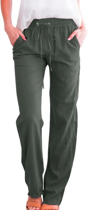 Cotton Linen Pants for Women Printed Capri Pant Plus Size Wide Leg Sweatpants Summer Cropped Elastic Waist Trousers