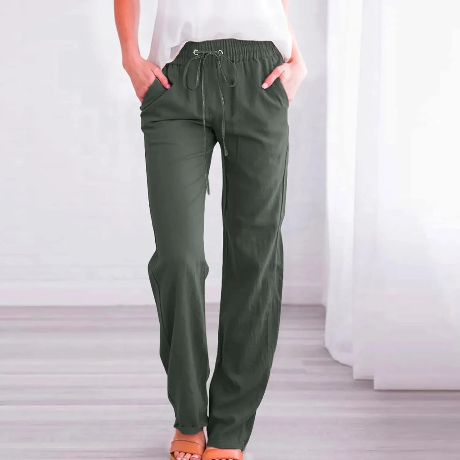 Cotton Linen Pants for Women Printed Capri Pant Plus Size Wide Leg Sweatpants Summer Cropped Elastic Waist Trousers