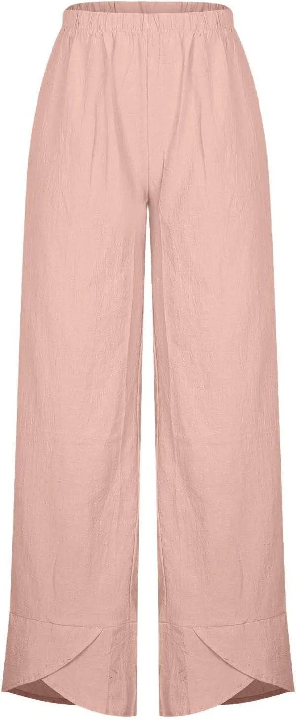Cotton Linen Pants for Women Summer 2025 Casual Elastic Waist Cropped Trousers Beach Boho Capris Pants with Pockets