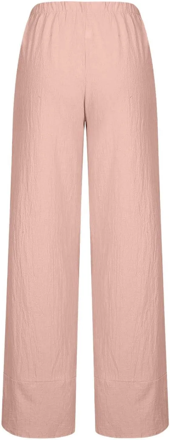 Cotton Linen Pants for Women Summer 2025 Casual Elastic Waist Cropped Trousers Beach Boho Capris Pants with Pockets