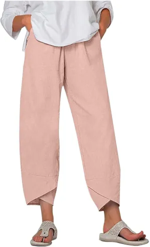 Cotton Linen Pants for Women Summer 2025 Casual Elastic Waist Cropped Trousers Beach Boho Capris Pants with Pockets