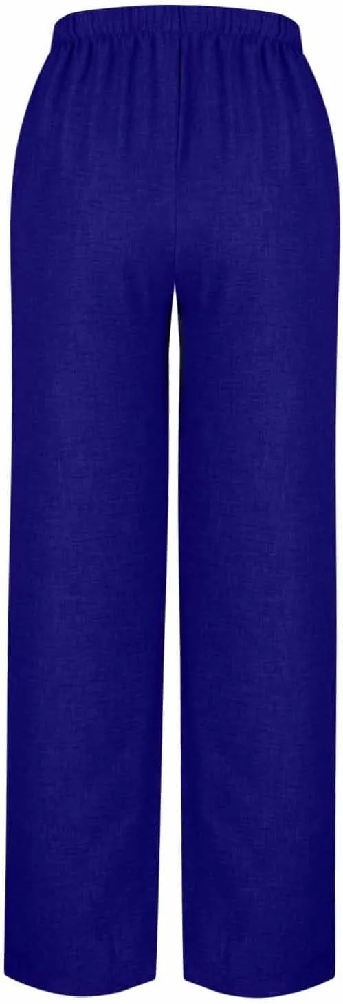 Cotton Linen Pants for Women's Summer High Elastic Waist Side Tie Wide Leg Trousers Casual Comfy Slacks with Pockets