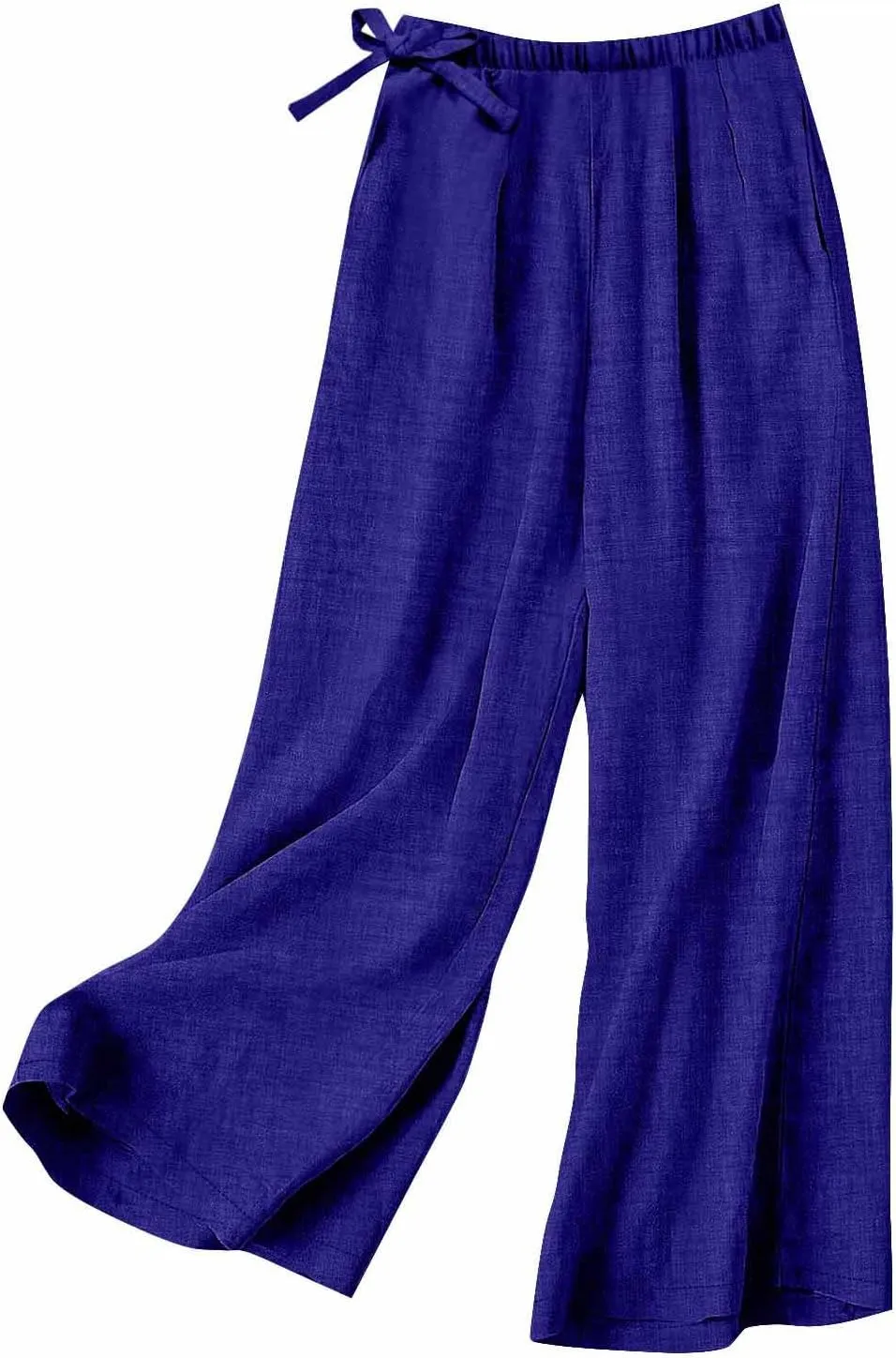 Cotton Linen Pants for Women's Summer High Elastic Waist Side Tie Wide Leg Trousers Casual Comfy Slacks with Pockets