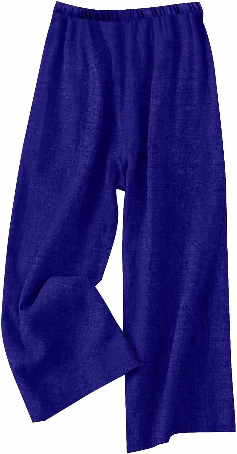 Cotton Linen Pants for Women's Summer High Elastic Waist Side Tie Wide Leg Trousers Casual Comfy Slacks with Pockets