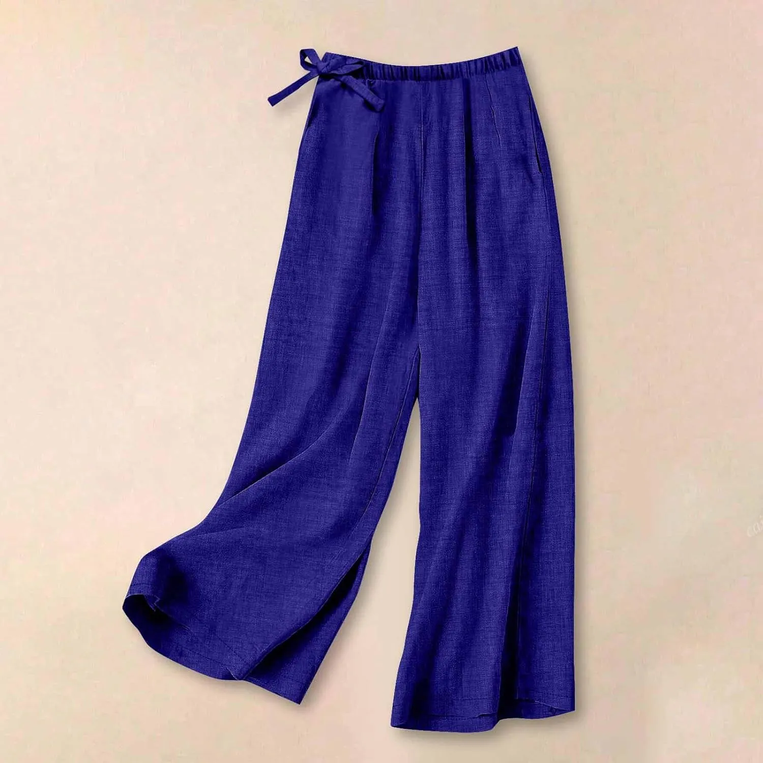 Cotton Linen Pants for Women's Summer High Elastic Waist Side Tie Wide Leg Trousers Casual Comfy Slacks with Pockets