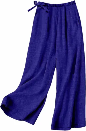 Cotton Linen Pants for Women's Summer High Elastic Waist Side Tie Wide Leg Trousers Casual Comfy Slacks with Pockets