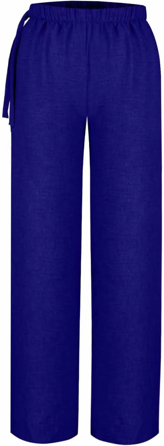 Cotton Linen Pants for Women's Summer High Elastic Waist Side Tie Wide Leg Trousers Casual Comfy Slacks with Pockets