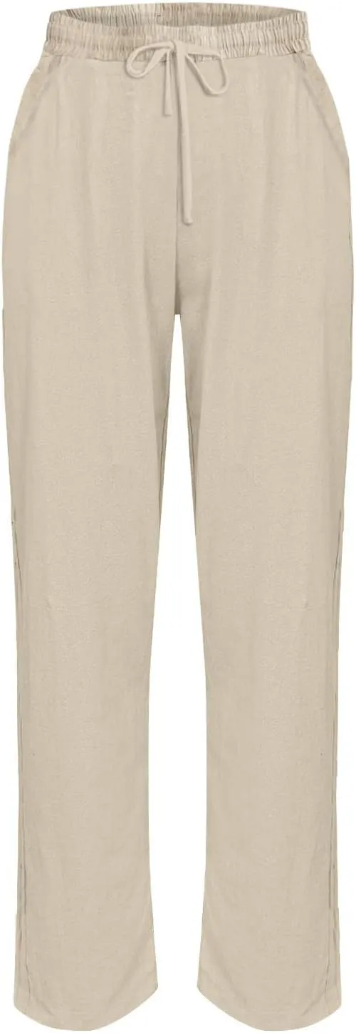 Cotton Linen Pants Women 2025 Summer High Waist Straight Leg Striped Cropped Pants Comfy Plus Size Lounge Trousers