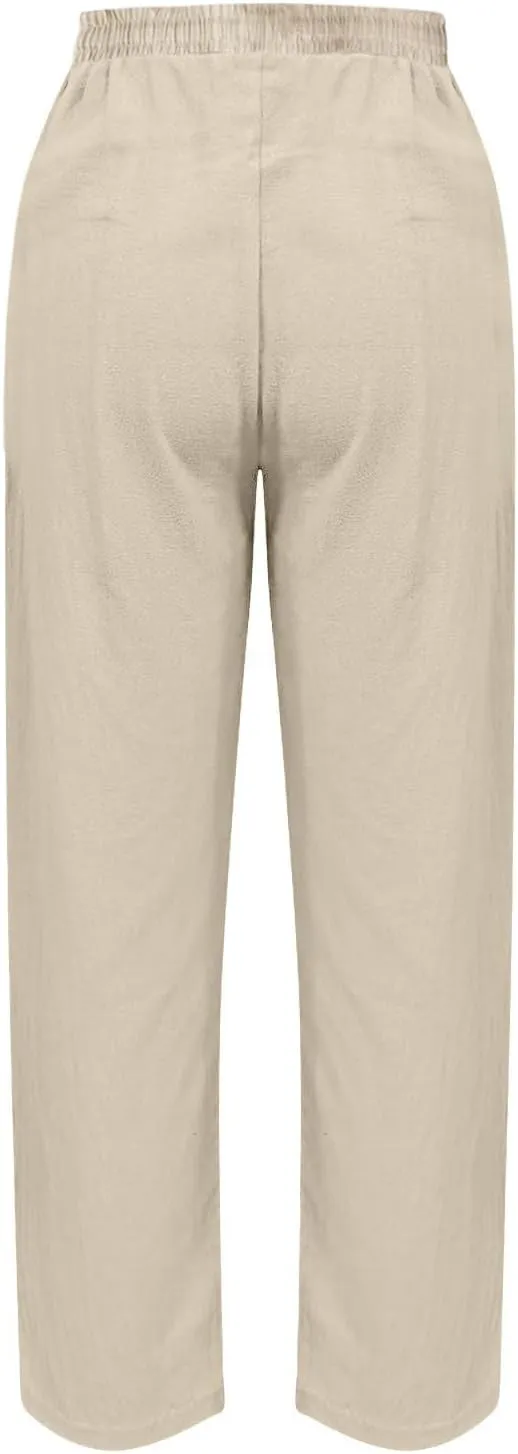 Cotton Linen Pants Women 2025 Summer High Waist Straight Leg Striped Cropped Pants Comfy Plus Size Lounge Trousers