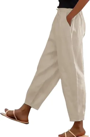 Cotton Linen Pants Women 2025 Summer High Waist Straight Leg Striped Cropped Pants Comfy Plus Size Lounge Trousers