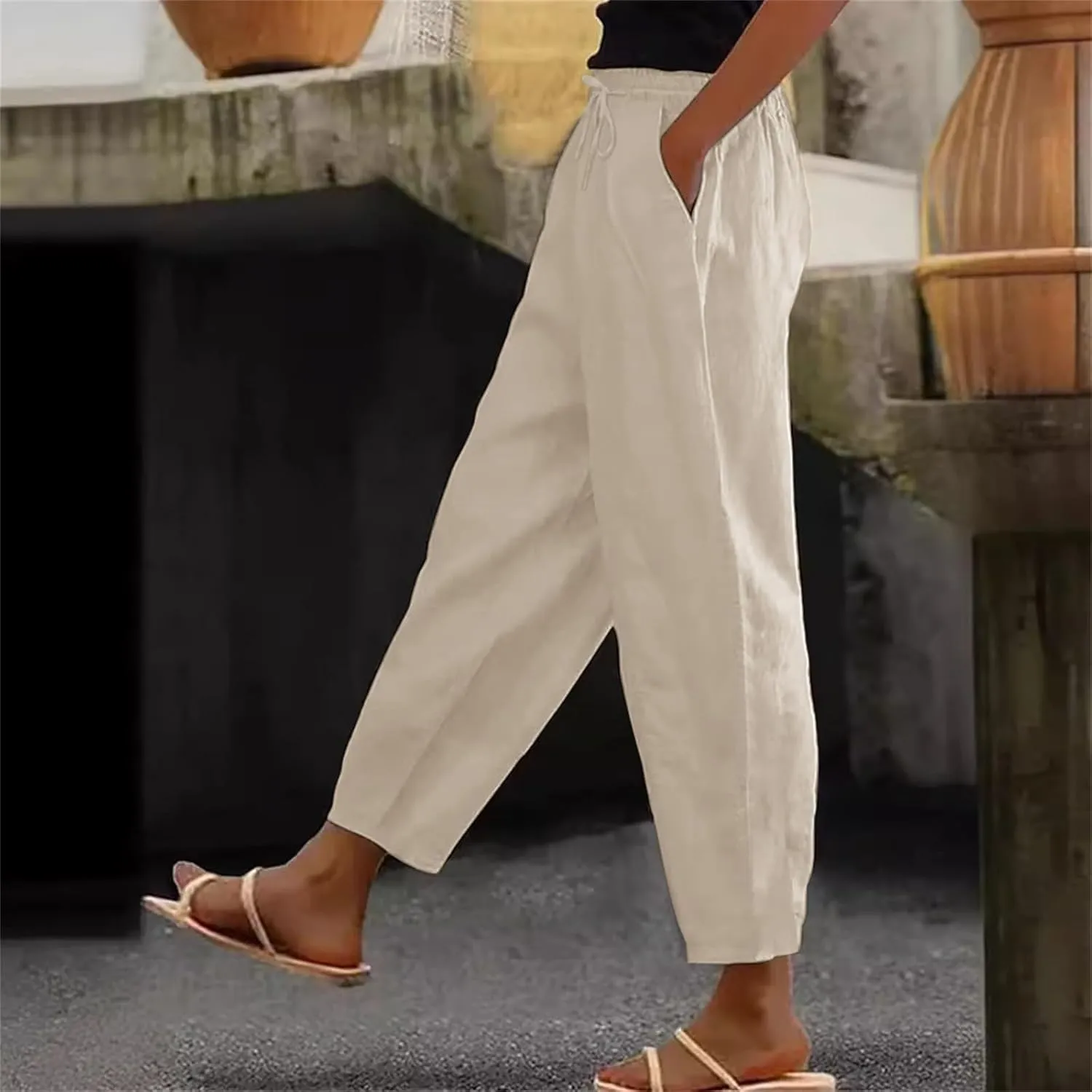 Cotton Linen Pants Women 2025 Summer High Waist Straight Leg Striped Cropped Pants Comfy Plus Size Lounge Trousers