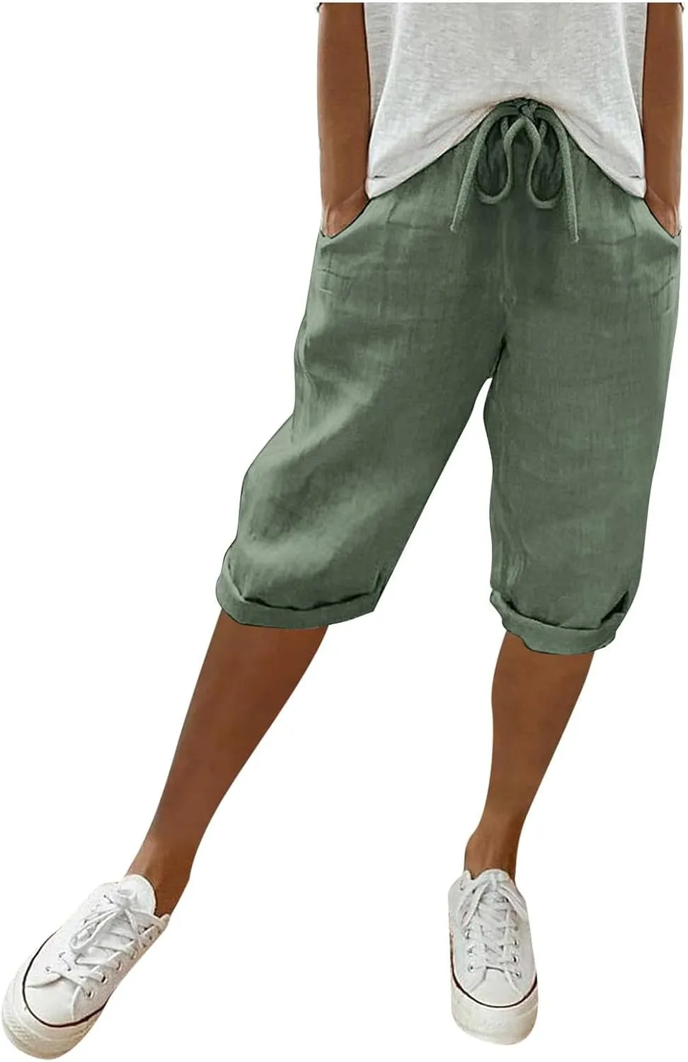 Cotton Linen Pants Women Cropped High Waisted Casual Trousers Drawstring Baggy Summer Lightweight Pants with Pockets