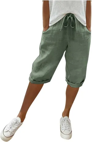 Cotton Linen Pants Women Cropped High Waisted Casual Trousers Drawstring Baggy Summer Lightweight Pants with Pockets