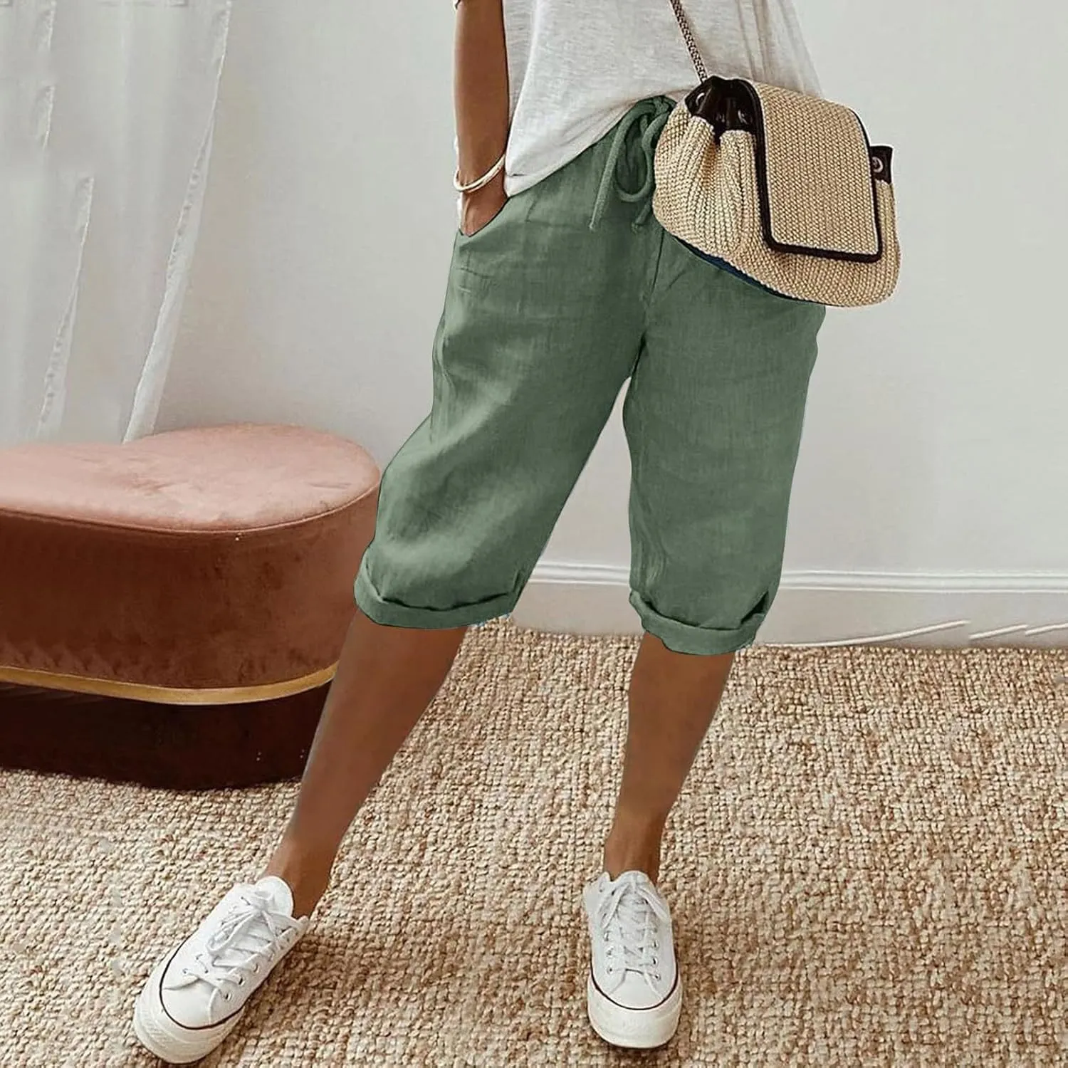Cotton Linen Pants Women Cropped High Waisted Casual Trousers Drawstring Baggy Summer Lightweight Pants with Pockets