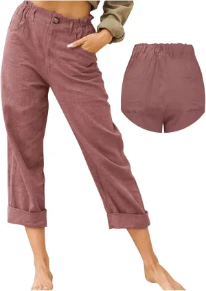 Cotton Linen Pants Women Elastic High Waist Solid Casual Baggy Trousers Straight Leg Comfy Summer Pants with Pockets