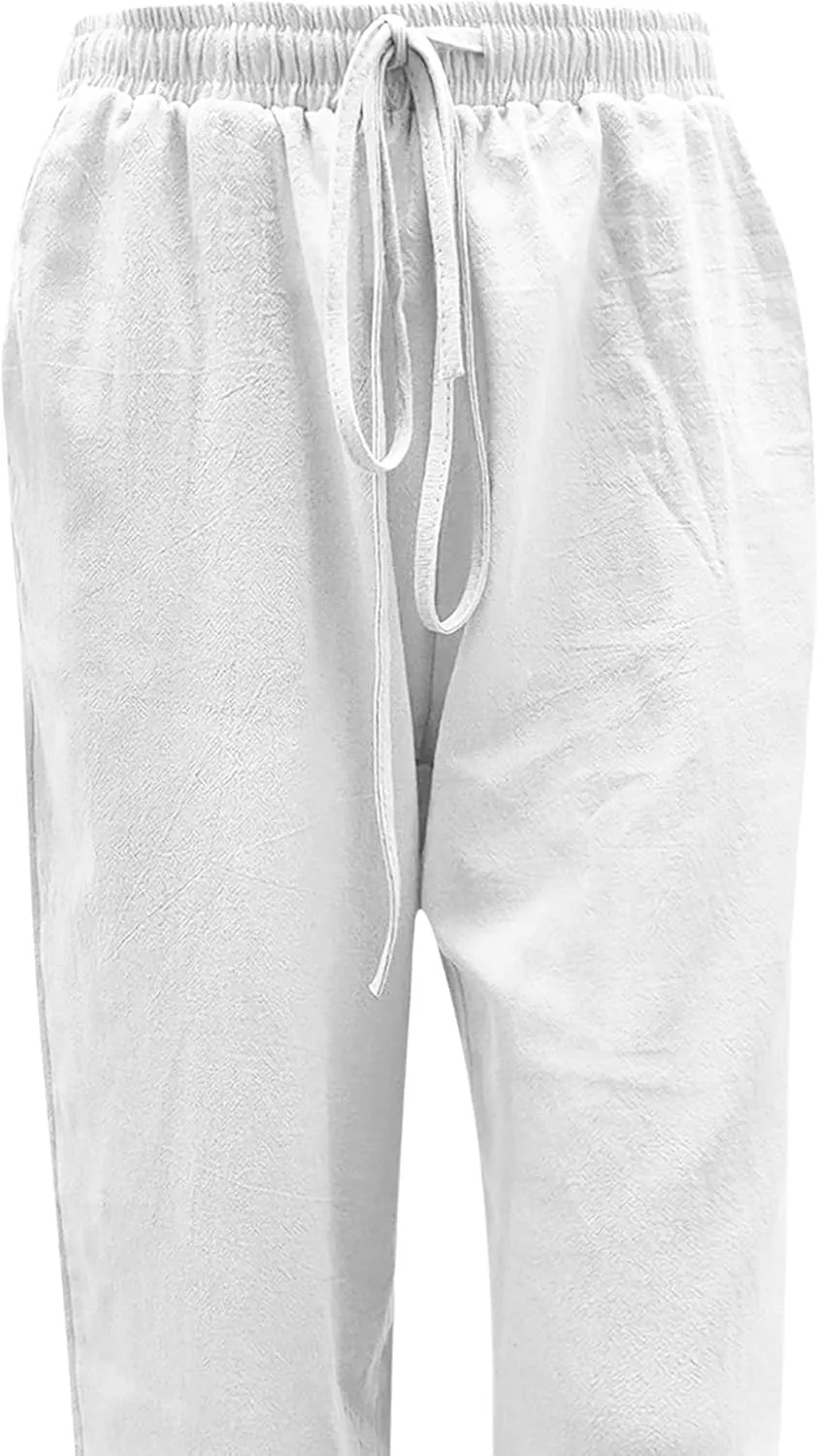 Cotton Linen Pants Women Summer Wide Leg Casual Loose Trousers Drawstring High Waist Palazzo Pants with Pockets 2025